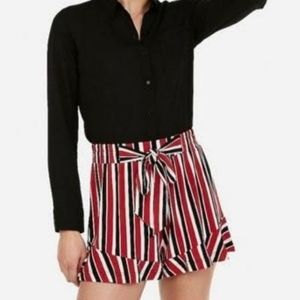 Express Striped Red White Black Ruffled Shorts with Elastic Waist & Matching Tie